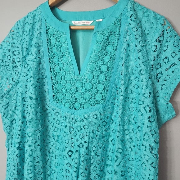 Isaac Mizrahi Live Cap Sleeve Top Women 1X teal torquise Boho lace overlay - Picture 2 of 11